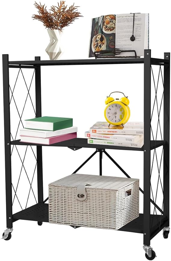 Hershii Folding Storage Shelf on Wheels 3-Tier Collapsible Shelving Unit Metal Rack Organizer Heavy Duty Display Stand for Kitchen, Dorm, Pantry, Garage, Office - No Assembly Required - Black