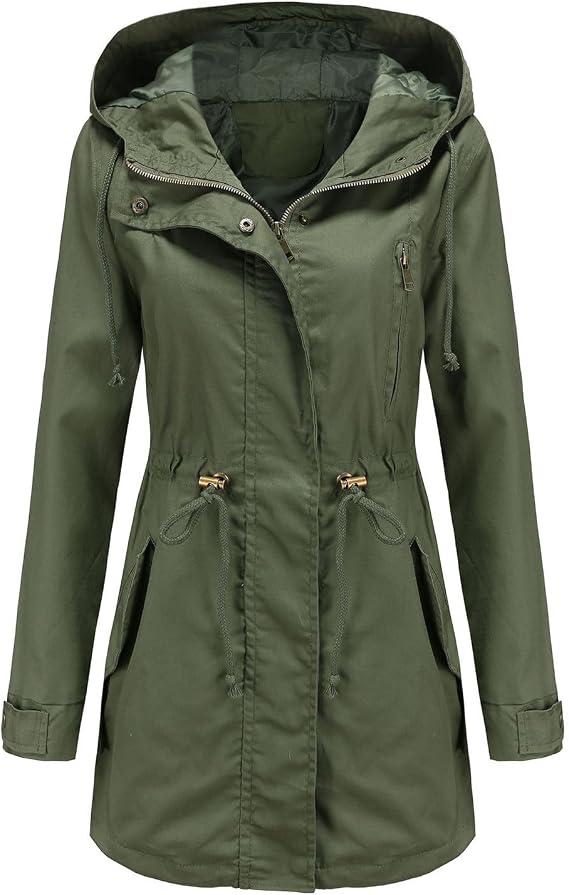 Womens Rain Jacket with Hood Zip up Long Sleeve Waterproof Raincoats Outdoor Hiking Travel Lightweight Trench Coats