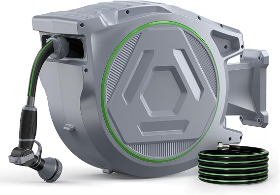 Etoolab Retractable Garden Hose Reel 100+6.6ft x 5/8 in with 9 Spray Nozzle | Any-length Lock, Auto Rewind with 180 Swivel Bracket, UV Resistant Water Hose Reel for Gardening, Cleaning and Washing