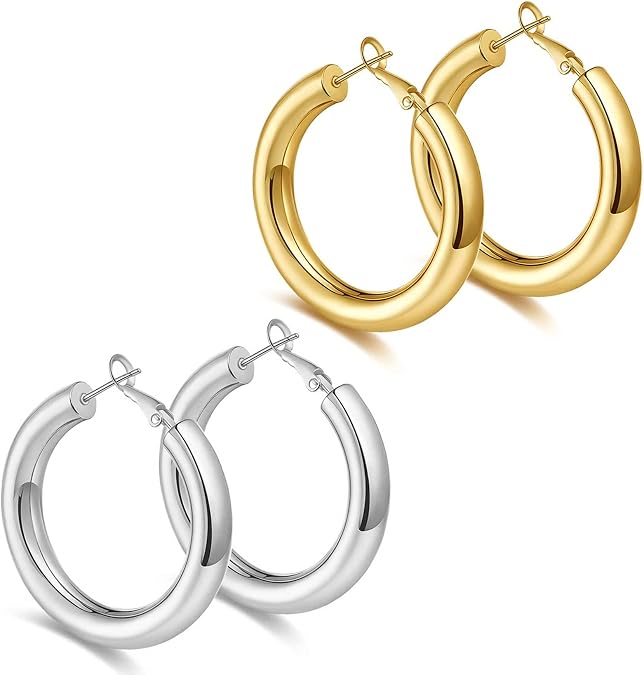 BMMYE 925 Sterling Silver Post Chunky Gold Hoop Earrings, 14K Gold Plated Earrings for Women Lightweight Hollow Tube 25mm-70mm