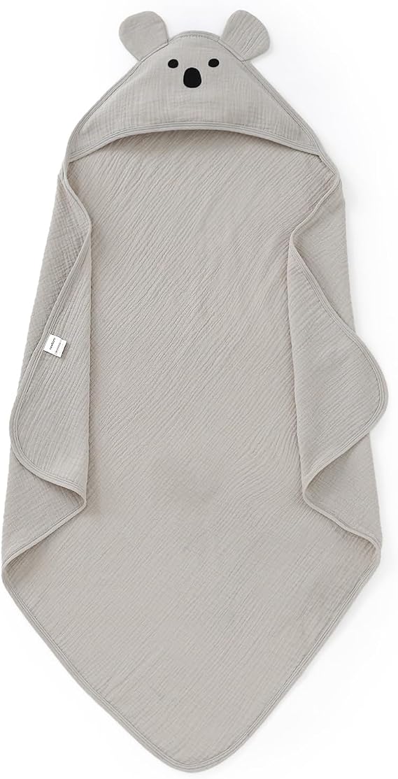 Hooded Baby Towels for Newborn 100% Cotton Muslin Soft Absorbent Baby Bath Towels with Hood for Infant Toddler Girl Boy, 32x32Inch (Grey)