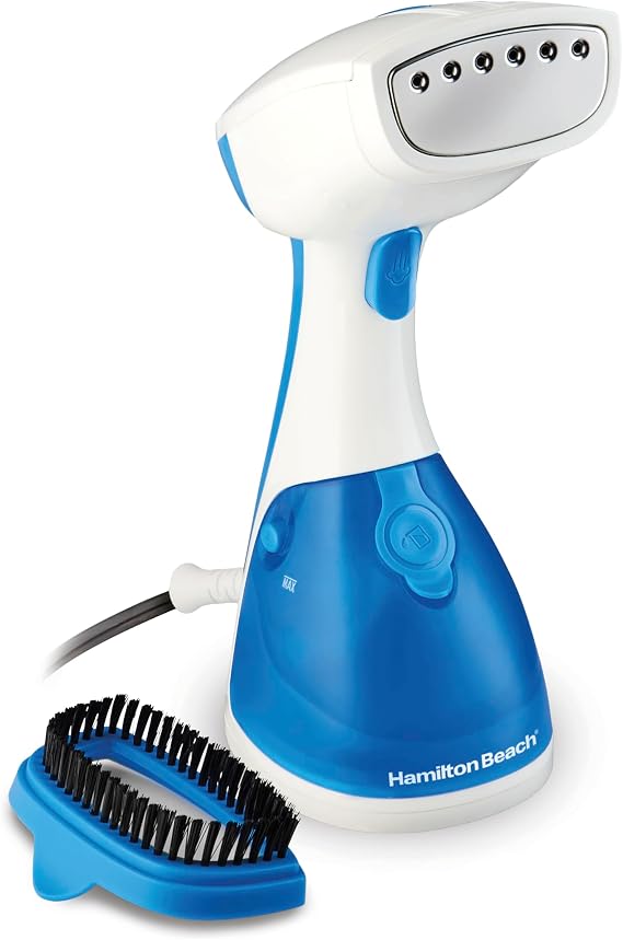 Hamilton Beach Handheld Garment Steamer for Clothes, Fabric and Drapes, 15 Minutes of Continuous Steam, Portable Wrinkle-Remover for Home, Vacation Essentials, 1000 Watts, White & Blue (11555)