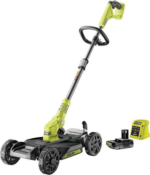 RYOBI One+ RY18LMC30A-120 18V Cordless Lawn Mower/Edger Width 30 cm, 1 x 2.0Ah Battery + Charger, Battery Life 10 min, 30L Container, Ideal for Small Gardens