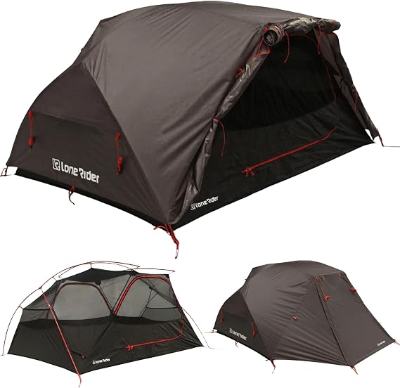 Lone Rider 2 Person Dome ADVTent - Lightweight Waterproof Shelter for Camping, Backpacking, Hiking - One Piece Pole Pitch System with Mesh Ventilation and Storage - Includes Carry Bag, Pegs, Awning