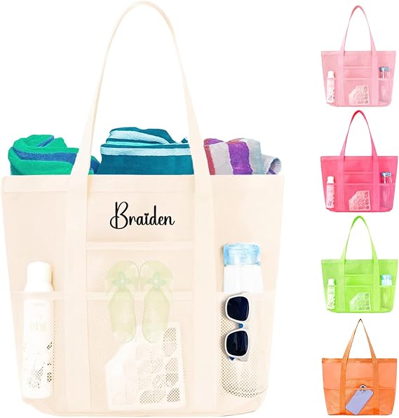 Personalized Beach Tote Bag for Women Custom Embroidered Name Large Mesh Sandproof Swim Bag, Foldable Travel Tote
