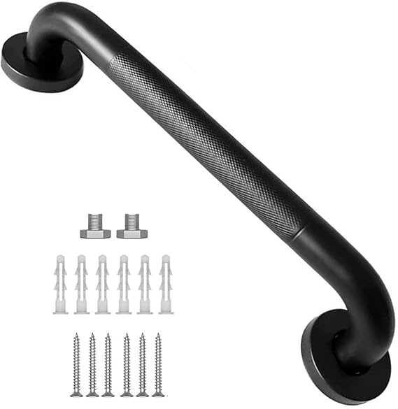 Bath Grab Rails Staircase Handrails with Anti-Slip Grip 30CM Black Coated Handrail Stainless Steel Banister Grab Bar Knurled Bath Handle for Indoor and Outdoor