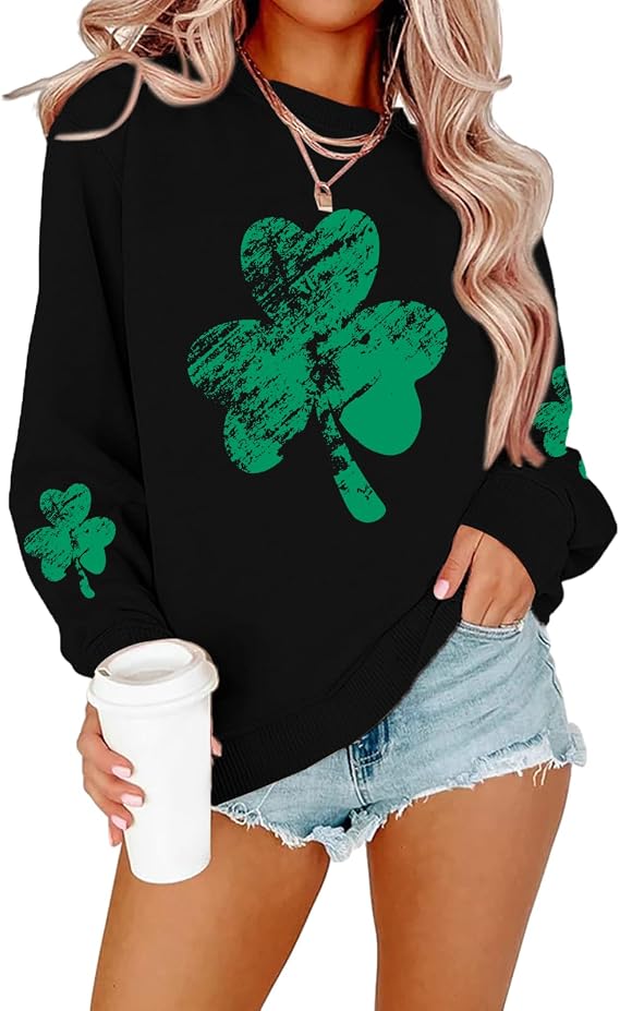 DUTUT St. Patrick's Day Sweatshirt Women Shamrock Shirt Lucky Clover Graphic Shirts Irish Casual Long Sleeve Tops