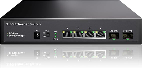 6 Port 2.5GB Ethernet Switch Unmanaged Network Switch | 4 x 2.5 Gigabit | 2 x 10G SFP+ | Multigig Switch 10-100-1000Mbps | 60G Bandwidth | Plug & Play | Fanless Metal Ethernet Switch
