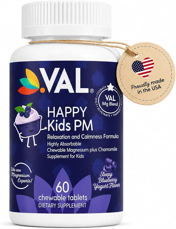 VAL Kids Magnesium & Melatonin Chewables Sleep Aid | Sleep Support for Kids with Vitamin B6 & C | Sugar-Free Tablets | Blueberry Yogurt Flavor | 60 Tablets | Ages 4+