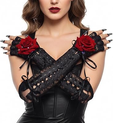 Fingerless Lace Up Gloves Black Elbow Glove Steam Punk Gloves Stretchy Costume Party Opera Costume for Women and Girl