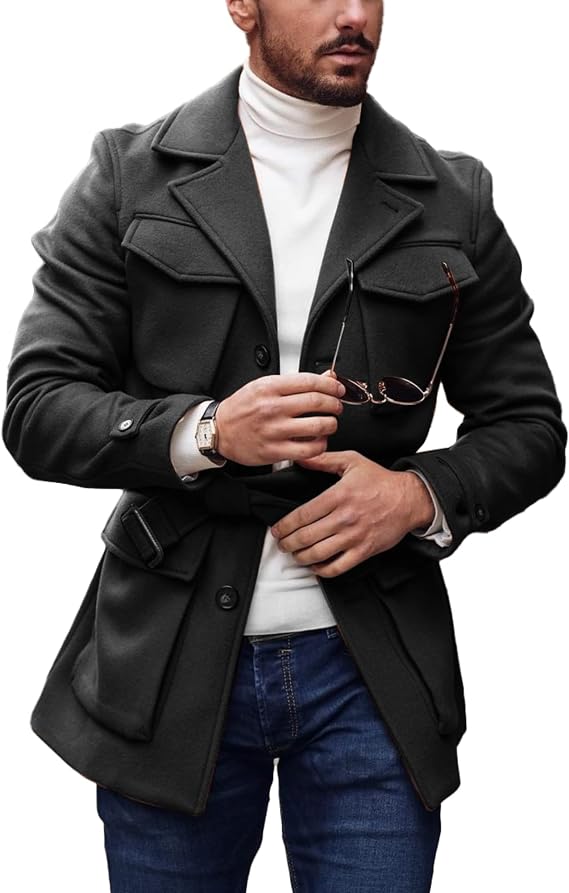 Pretifeel Mens Trench Coat Slim Fit Overcoat Fall Winter Peacoat Jacket | Wool Blends, Business Casual, Belted, Notched Lapel Collar, Spring