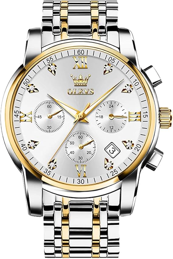 OLEVS Men's Stainless Steel Chronograph Watch, Big Face Gold Silver Black Tone Easy to Read Analog Quartz Watch, Luxury Waterproof Date Diamond Roman Arabic Numerals Dial Dress Watch for Men