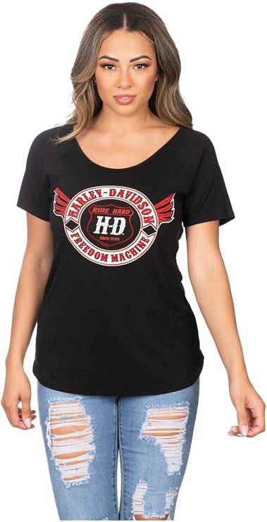 Harley-Davidson Women's Ride HDMC 'Freedom Machine' Scoop Neck Tee Shirt, Black