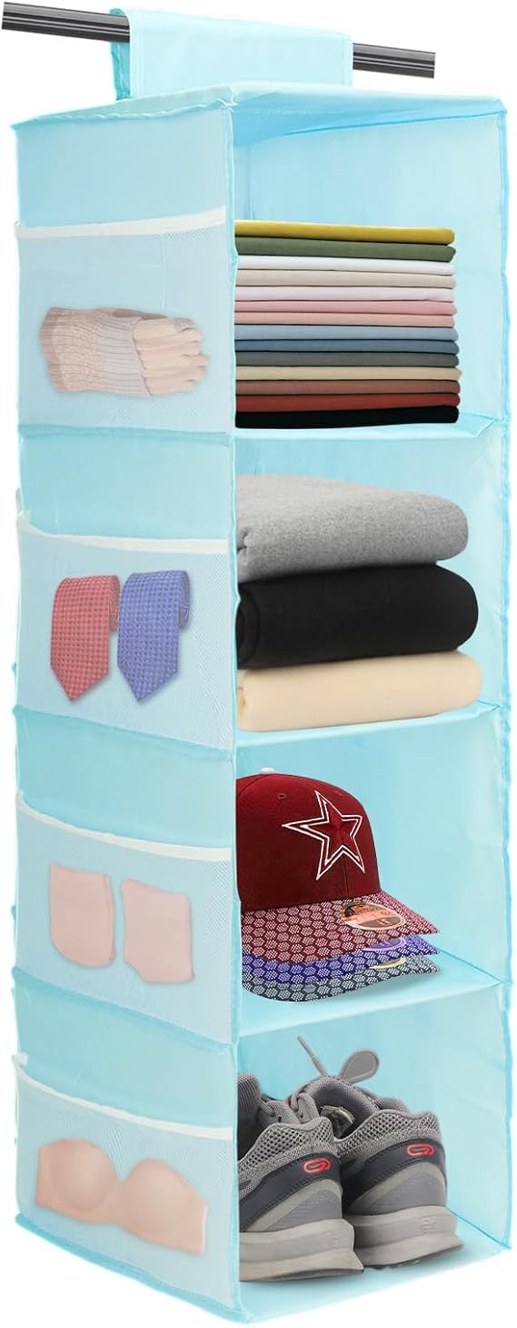 4-Shelf Hanging Closet Organizer, Space Saver, Closet Hanging Storage Shelves with Mesh Pockets & Magic Tap for Storage, Foldable-Blue