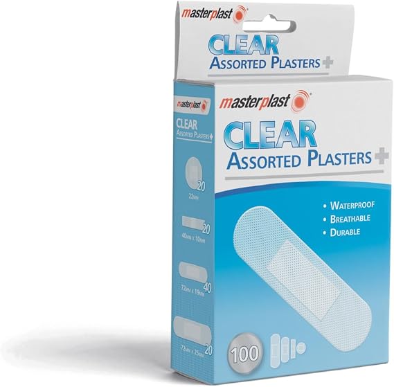 Masterplast Clear Assorted Plasters 100 Pack | Waterproof Plasters | Breathable Durable Transparent | 4 Sizes 22mm, 40mm x 10mm, 72mm x 19mm, 72mm x 25mm