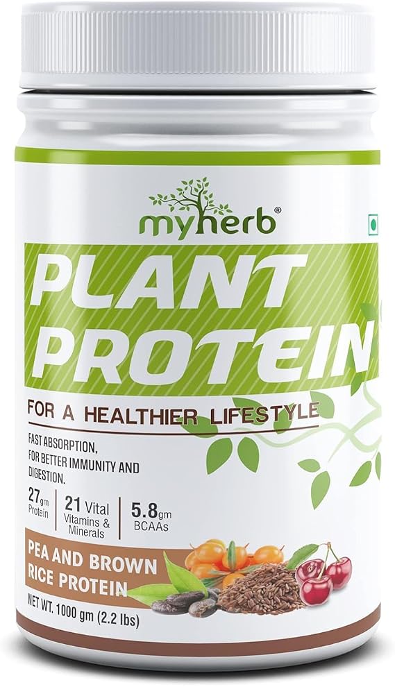 MYHERBS Plant Protein Powder | Pea and Brown Rice Protein Powder | Vegan High Protein Powder | 27 gm Protien,21 Vital,6 gm BCCAs | Sugar Free | for Men and Women | Chocolate Flavour (1 Kg)