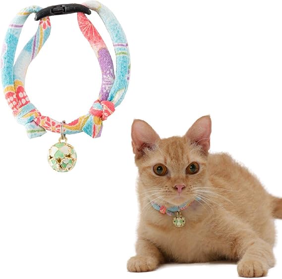 Necoichi Chirimen Cat Collar with Clover Bell (Baby Blue)