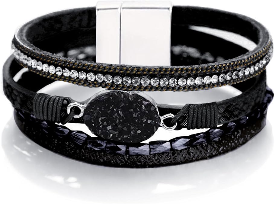 Fesciory Leopard Bracelet for Women, Boho Leather Wrap Multi-Layer Pearl Crystal Bracelet Bangle Jewelry