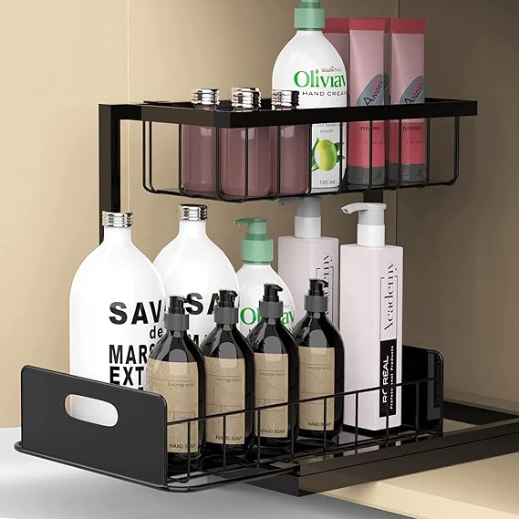 Under Sink Organizer, 2 Tier Pull Out Cabinet Organizer Shelf And Storage Double Shelf Drawer for Bathroom Kitchen, Multi-Purpose Sliding Drawers Baskets