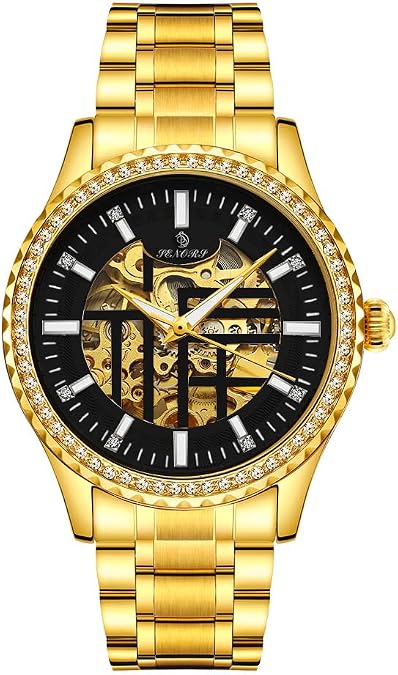 Mens Automatic Watch Skeleton Diamond Luxury Mechanical Self Winding Dress Wrist Watch Waterproof Luminous