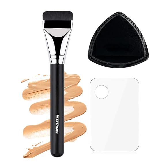 Flat Foundation Brush Rubycell Sponge & Mixing Palette Makeup Tool Couple Set- Ideal for Liquid Foundation,Ultra-Soft Seamless Blender for Flawless Natural Makeup,Minimized Absorb, Long-Lasting