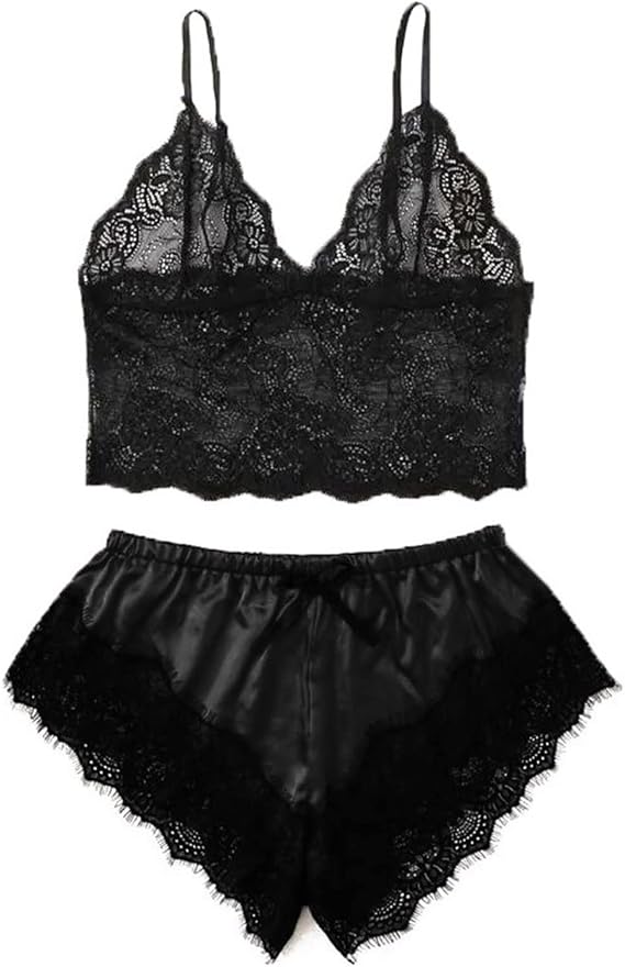 Womens Sexy Sheer Floral Lace Pajamas Lingerie Set Sleepwear Cami Top Bra and Panty 2 Piece Nightwear Pjs Lounge Sets