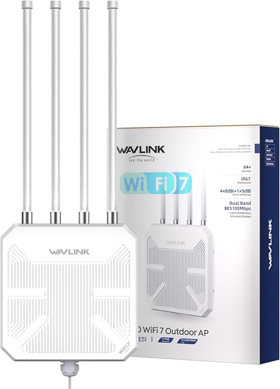 WAVLINK WiFi 7 BE5100 Outdoor WiFi Extender, Dual Band Long-Range Outdoor WiFi Repeater|Access Point|Mesh Router, POE Powered | IP67 Waterproof | 4 x 8dBi Antennas, 2.5 Gbps Ethernet, Up to 300M