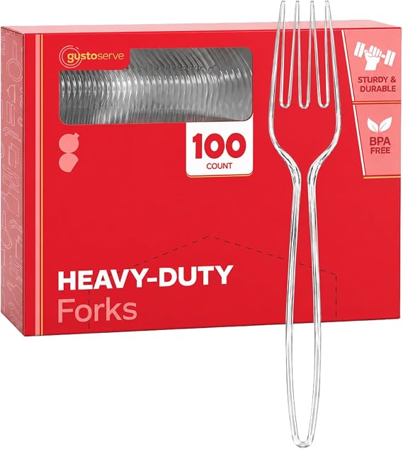 GUSTO Heavy Duty Disposable Clear Plastic Forks [100 Count]