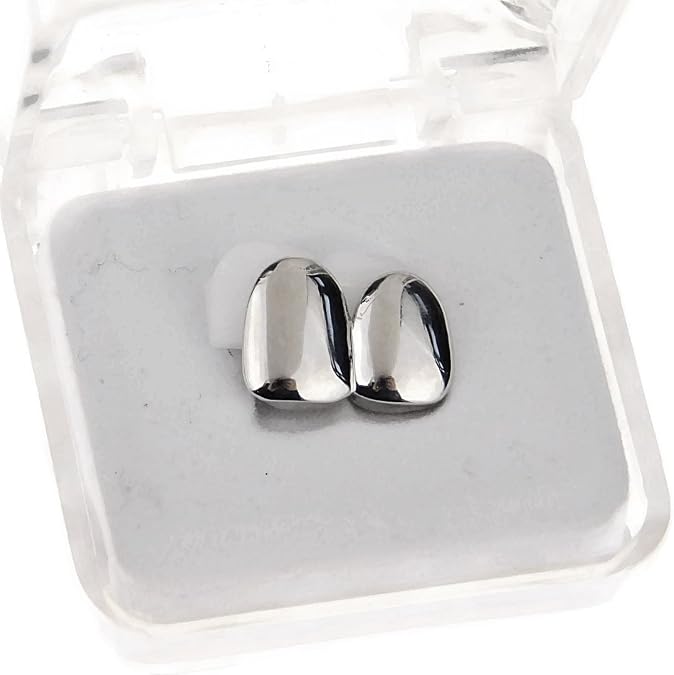 Double Cap Grillz Silver Tone Plain Canine Bling Two Left Tooth Hip Hop Teeth Grills
