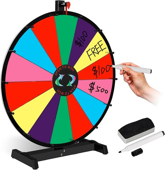 JupiterForce 24" Tabletop Color Prize Spinning Wheel 14 Slots Prize Spinner with Dry Eraser & Marker Pen Editable Carnival Fortune Spin to
