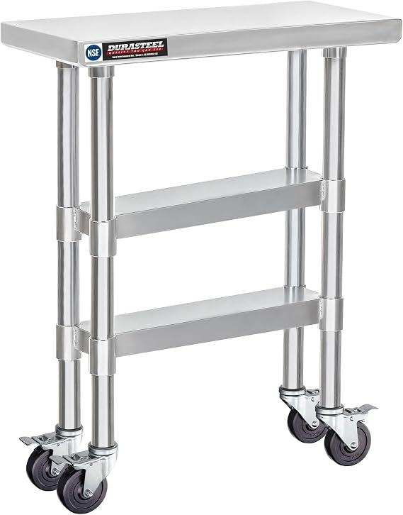 DuraSteel Stainless Steel Work Table 30" x 12" x 34" Height w/ 4 Caster Wheels - Food Prep Commercial Grade Worktable - NSF Certified - Good for Restaurant, Business, Warehouse, Home, Kitchen, Garage