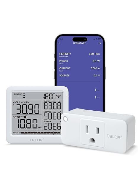 BALDR Wi-Fi Home Power Monitor Consumption Watt Meter w/Smart Socket - Electric Meter w/Tariffs & Budget Alerts, Power Meter Home Energy Monitor, Electricity Usage Monitor Smart- 2.4GHZ Network Only