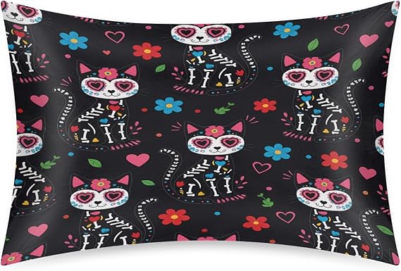 Satin Pillowcase for Hair and Skin, Queen Size Day of The Dead Cat Sugar Skull Flower Decorative Pillow Sham with Envelope Closure Pillow Cover for Bedroom Hotel