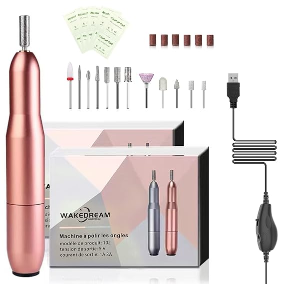 WakeDream 12 in 1 Electric Nail Drill, Professional Powerful and Quiet Nail File Machine, Portable Electric Nail File Set with Nail Drill Bits Sanding Bands for Acrylic Gel Nails(Rose)