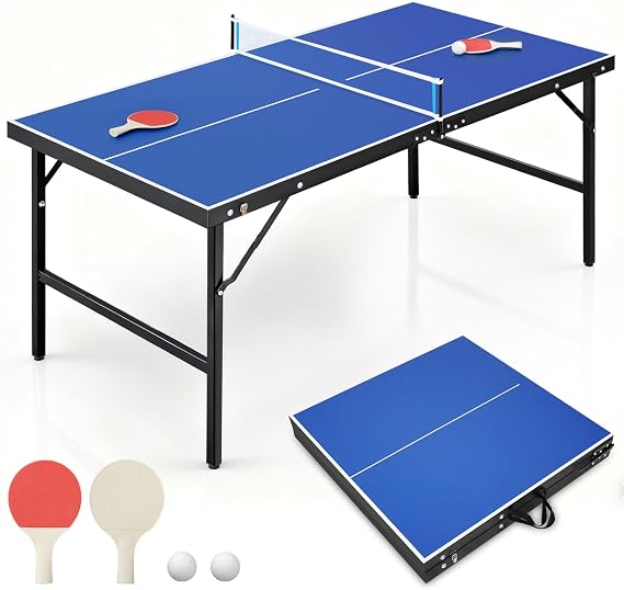 Portable Ping Pong Table, Foldable Indoor Table Tennis Tables Game | Folding Outdoor Table Tennis w/ 2 Paddles, 2 Balls and Net for Adults and Teens, Quick Assembly