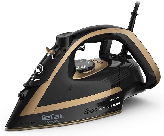 Tefal Puregliss Steam Iron 3000 Watt 280 g/min Steam Boost 0-50 g/min. Variable Steam Vertical Steam Durilium AirGlide Autoclean Soleplate Micro-Calc Filter Black/Gold FV8064