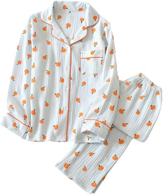 Womens Cotton Gauze Pajama Set Long Sleeve Button Down Top & Pants, 2 Piece Breathable Cute Print Loungewear