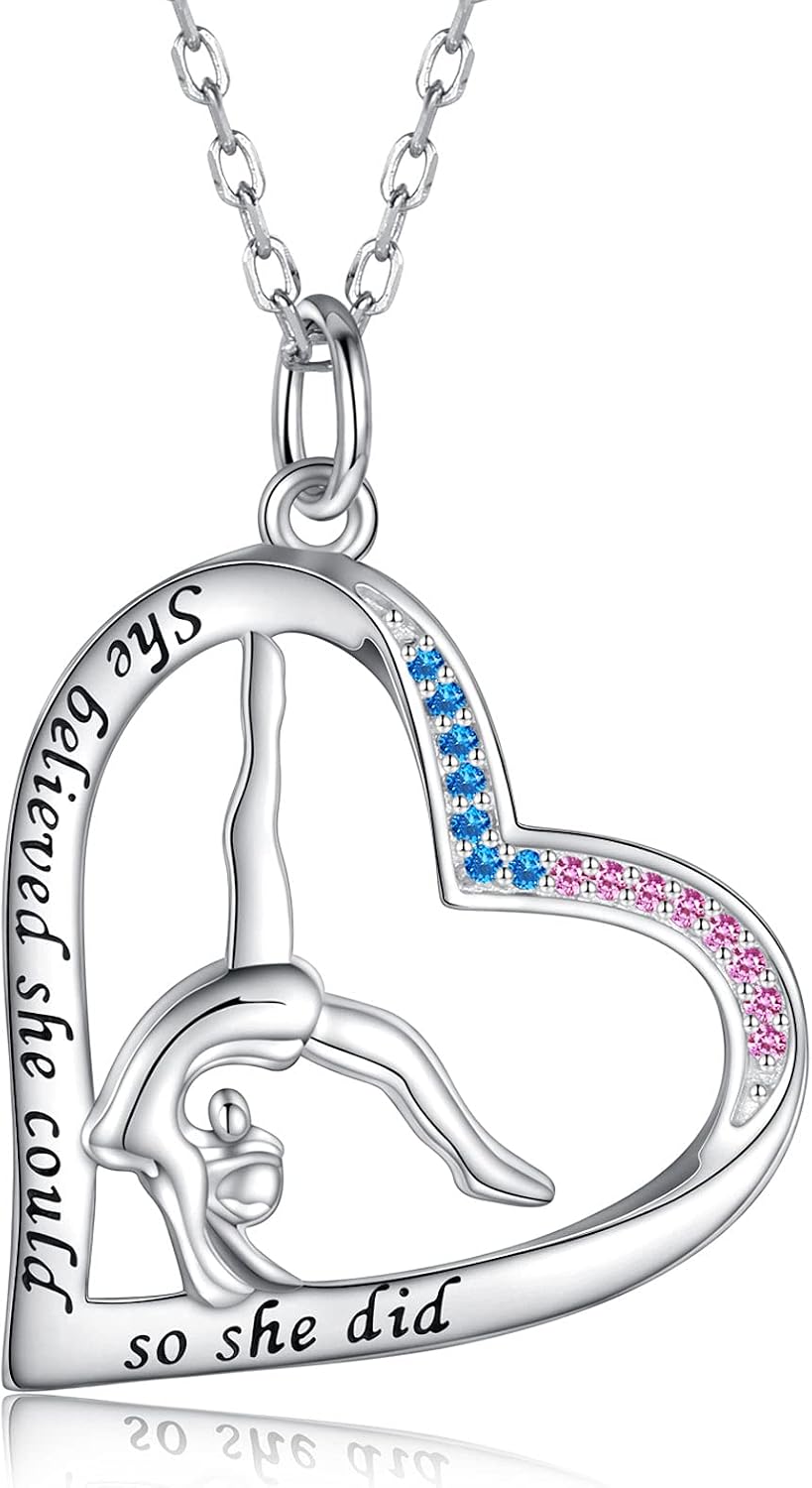 Gymnastics Gifts for Girls Gymnast Necklace 925 Sterling Silver Team USA Gymnastics Girl Fashion Jewelry Pendant Sport Ballerina for Girl Birthday