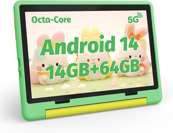 ZOFYWNAS Kids Tablet 10 Inch Android 14 Tablet for Kids Ages 3-12, Octa-Core with Case, Parental Controls,14GB+64GB Storage (TF Expand 1TB), 5G WiFi, BT5.3, Green