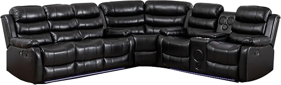 Hybition Faux Leather Living Room Set Modern Reclining Sectional Sofa with LED Light, USB Chargers, Sound System, 4Cup Holders, Hidden Storage, Black