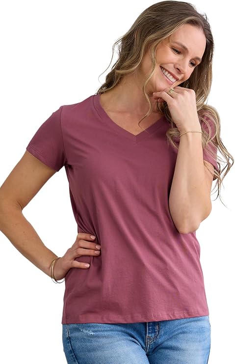 Fair Indigo Women's 100% Organic Pima Cotton Relaxed Short Sleeve V-Neck T-Shirt