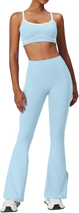 OMEWEE Yoga sets for women 2 piece Fashion contrasting lines Sports Bra and High Wasit Split hem Flared Leggings