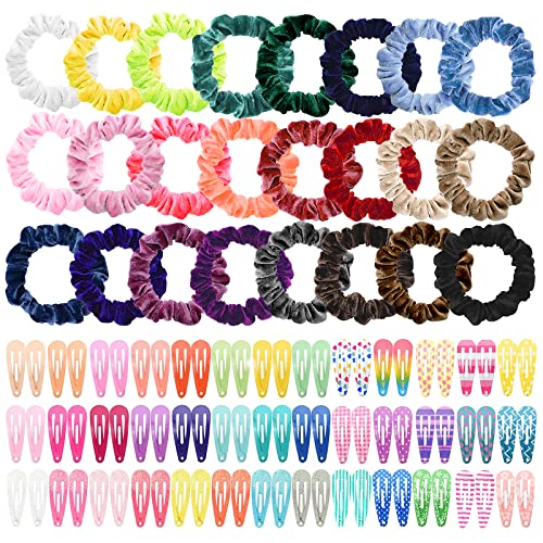 Toddler Hair Accessories, Funtopia 80 Pcs 1.2 Inch, 3cm Cute Mini Barrettes and 24 Pcs Colorful Velvet Elastic Hair Ties, Ponytail Holders with Metal Snaps