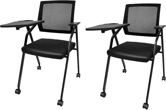 Black Mesh Tablet Arm Chair, Foldable Office Guest Chair Mesh Waiting Room Chairs with Flip-Up Table and Wheels for Office School Church (2 Pack)