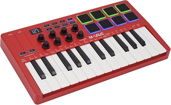 M-VAVE 25 Key USB MIDI Keyboard Controller With 8 Backlit Drum Pads, Bluetooth Semi Weighted Professional dynamic keybed 8 Knobs and Music Production,Software Included (Red)