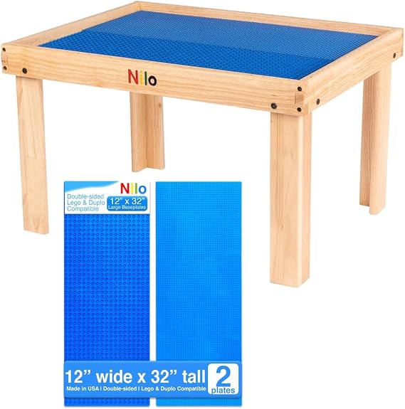 NILO Kids Multi-Purpose Blue Activity Table Set, Plus 2 Compatible Double-Sided Blue Baseplate for Small & Large Bricks