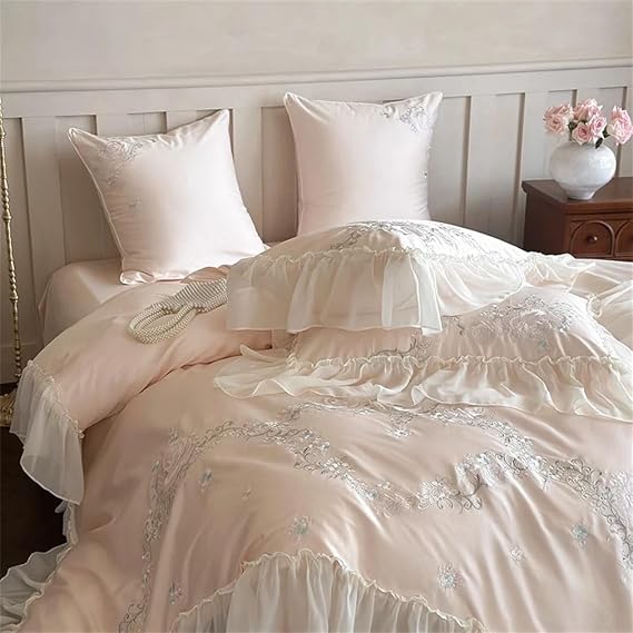 Flower Embroidery Cotton Bedding Set with Lace Duvet Cover Pillowcases Sheet Queen King