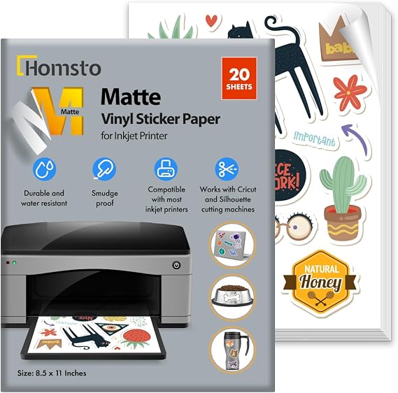 Printable Vinyl Sticker Paper for Inkjet Printer - Self Adhesive Matte Waterproof Sticker Paper - 20 Sheets 8.5x11 - Easy Cut & Peel, Premium Quality Sticker Printer Paper for Crafts, Labels, Decals