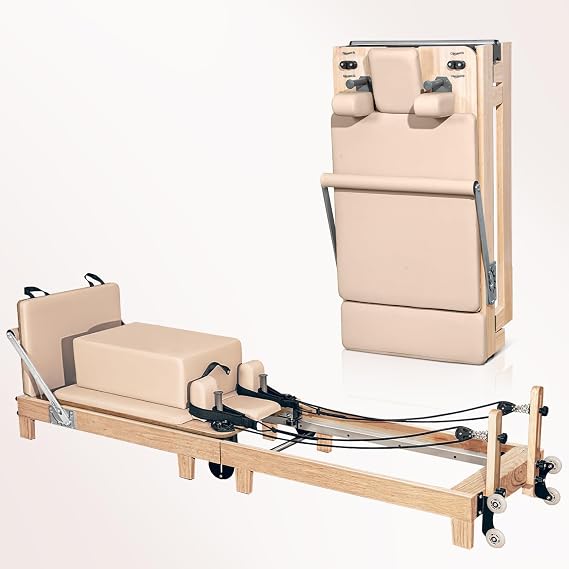 LeisureKing Pilates Reformer Machine, Studio Grade Pilates Equipment for Home Workout, Oak Wood Foldable Pilates Reformer with Reformer Accessories