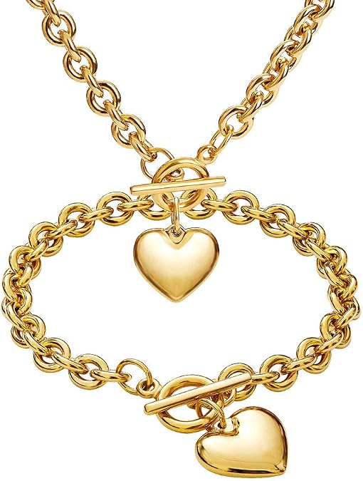 Silver 18k Gold Rose Gold Plated Charm Chunky Stainless Steel Chain Heart Toggle Choker Bracelet Necklace Set for Womens Fashion Valentine Jewelry Set